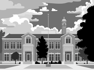 Historic School B&W architecture building clouds door flagpole illustration school trees vector windows