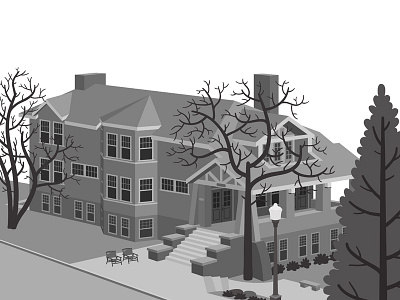 Community House - WIP #4 architecture boulder building chairs illustration lamppost porch sidewalk steps trees vector windows