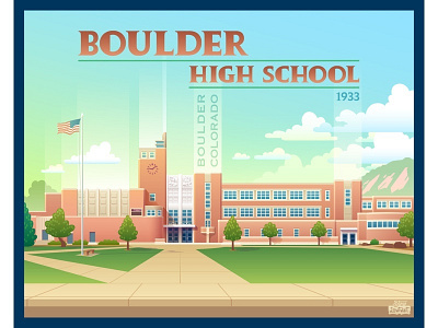 Boulder High School architecture art deco flag illustration landscape school sky typography vector