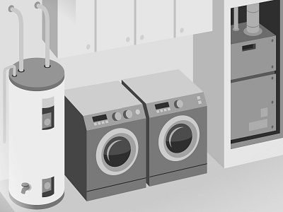 Laundry Room WIP cabinets dryer furnace hot water heater illustration vector washer