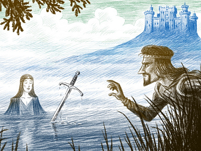 Lady of the Lake castle digital drawing excalibur illustration ipad king arthur lake man sword woman