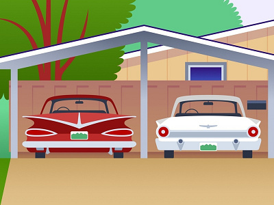 Classic Cars 50s architecture carport cars chevy ford house illustration mod sketch app trees vector