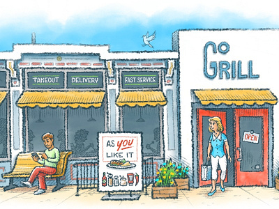 Finished Illustrations bench building drawing illustration ipad man restaurant sidewalk sign woman