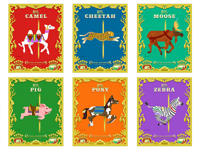 Carousel Poster Series animals camel carnival carousel cheetah illustration moose pig pony poster vector zebra