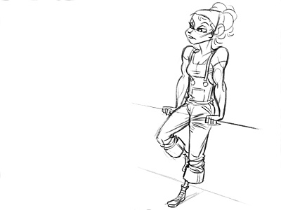 Girly, Tough character design digital drawing girl muscles overalls pencil rough sketch woman