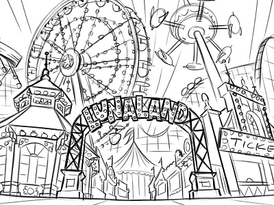 Luna Land amusement park animation background drawing gate pencil rides storyboard