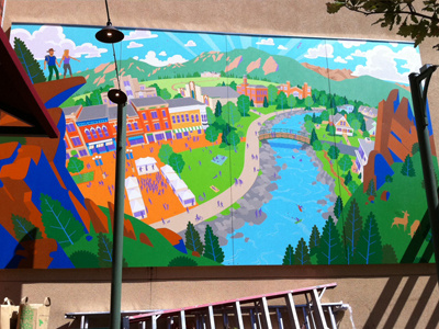 Completed Mural boulder buildings creek festival landscape mural nature paint rocks town trees