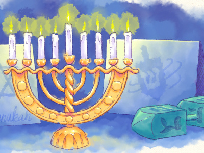 Spin the Dreidel candles design drawing dreidel hanukkah illustration menorah watercolor web