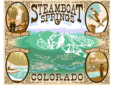 Steamboat Springs, Colorado design hot springs illustration landscape postcard poster skiing tourism typography western