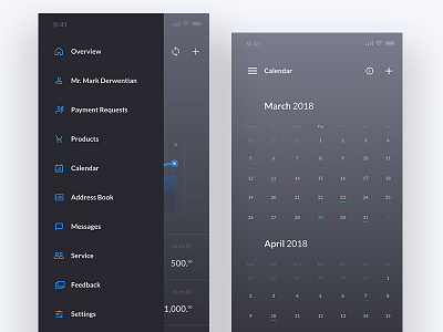 Banking App - Menu & Calendar View