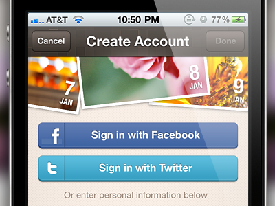 Create Account app brown button buttons facebook ios iphone login signin twitter