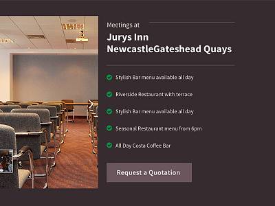 Hotel Meetings - Jurys Inn accommodation benefits booking brown button checkmarks dark hotel icons list meetings