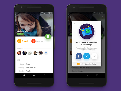 Profile Screen — Chat [Android App] app award badge badges camera chat material message popup profile share ui