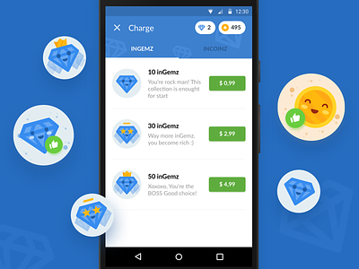 Inchatz Charge Screen — Chat [Android App] app badges charging coin gem icons illustration material mobile shop tabs ui