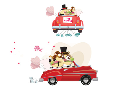 Just Married cars animation 2d bride character design illustration pistachio