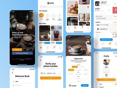 Koffie, Mobile app for coffee shop add to cart app app design beverage cappuccino coffee coffee shop design food food and drink mobile mobile app mobile ui simple startup ui uiux ux