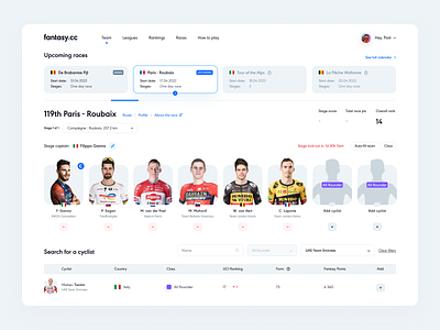 Fantasy Cycling League - Sport Dashboard app concept cycling dashboard design fantasy fantasy league interface manager sport sport app ui ux web