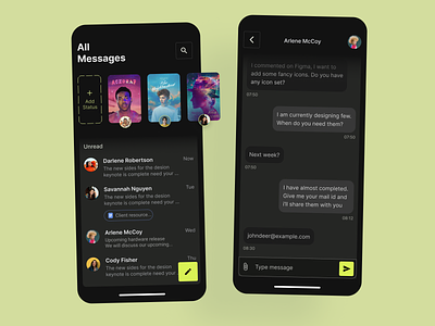 Messaging app app darkmode darktheme design figma messagingapp messagingconcept minimal mobile mobile app design neon ui visualdesign