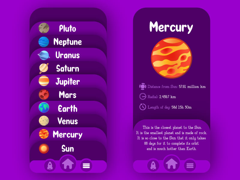 Space App for Kids ui ux minimal app design flat design planets mercury