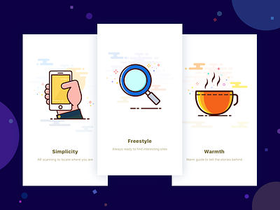 Loading Pages Of Travel App app colors cup freestyle illustration loading page magnifier mobile phone simplicity stars travel app ui warm warmth