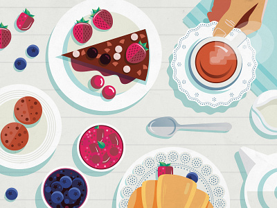 A Sunday morning situation. cakes flatlays food illustration pastry tea vector