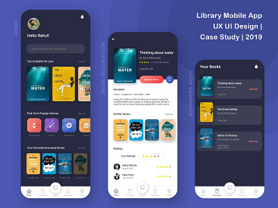Library Mobile App | UX UI Design Case Study android app book borrow case study concept creative dark design ios library minimal mobile reading smart theme ui ux