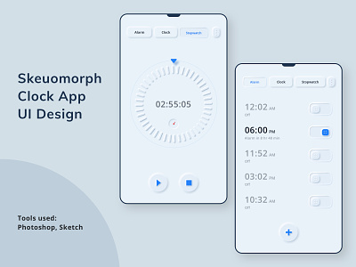 Skeuomorph Clock App Design alarm app clock concept creative design elements minimal mobile skeuomorphic skeuomorphism smart start stop stopwatch timer ui ux