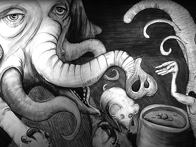 Elephant Mural charcoal detail elephant rat