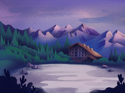 Hut Bezbog Preview bezbog bulgaria bulgarian cabin design forest hut illustration lake mountian nature procrete purple