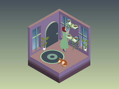 Plant some plants, pet a cat cat green home house housecat houseplant illustration iso isometric isometric art isometric design isometric illustration lady plant purple quarantine quarantine life room vector woman