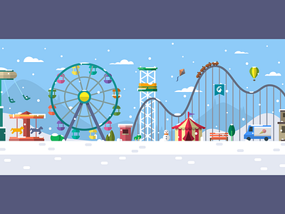 Snowy Amusement Park amusement park christmas colorful ferris wheel flat illustration park snow theme park vector