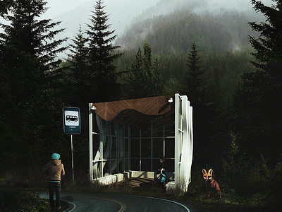Bus Stop #2 architecture bus bus stop concrete forest fox green light people road sign sky trees waiting wood