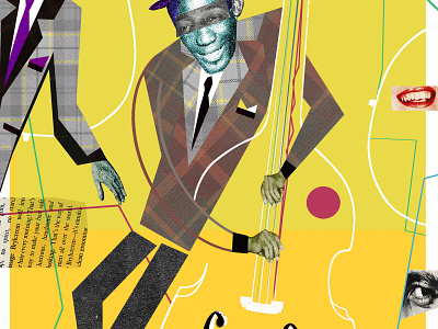 'A kind of blue' collage design double bass flat illustration jazz modernist music retro swing