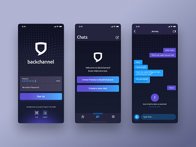 Backchannel - Blockchain Chat App black blockchain dark figma gradient interface ios messenger purple secure ui ui ux
