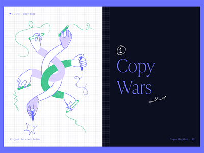 Copy Wars ✏️ | Project Survival Guide adobe illustrator agency black branding copywriting design digital figma graphic design hands illustration pen pencil purple studio texture typography vector writing