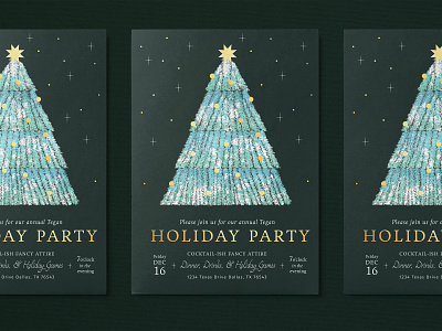 Tegan's 2022 Holiday Party Invite 🎄 agency blue card christmas christmas tree design gold gold foil graphic design green holidays illustration invitation typography vector