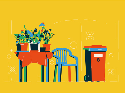 Hungarian village, plastic chair and flowers design flat illustration minimal vector