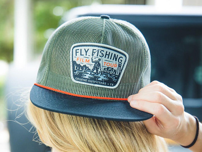 Fly Fishing Film Tour apparel badge branding cap design embroidery film fishing flyfishing hat illustration illustration art logo texas texture typography vector