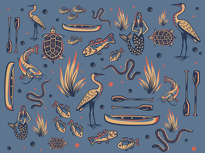 River Illustrations design fish illustration illustration art illustrator mermaid paddle river san marcos snake texas turtle water