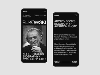 Bukiwski - Mobile books booksite concept design figma flat minimal ui ux uxui web website writers writersite