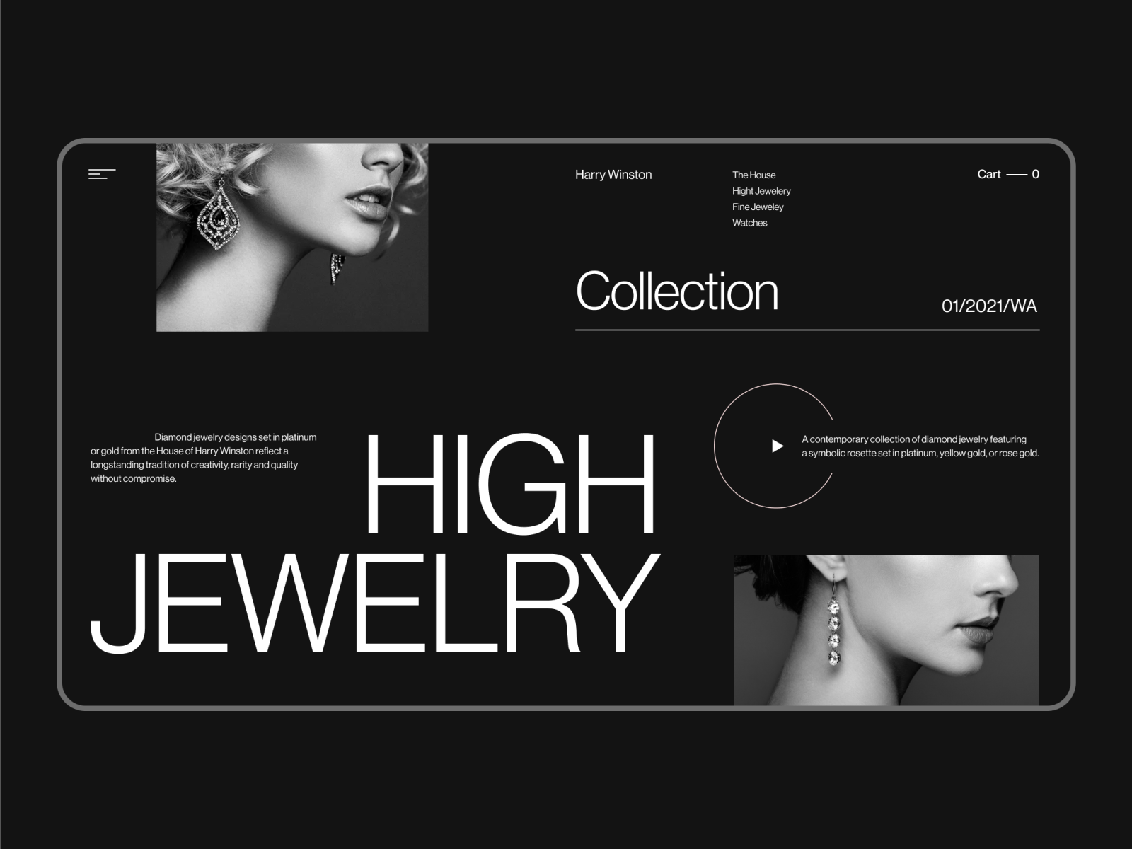 Jewelry Collection Harry Winston concept dark theme deamond design e-comerce graphic design harry winston helvetica jewelry jewelry site jewelrydesign minimal ui ux uxui web