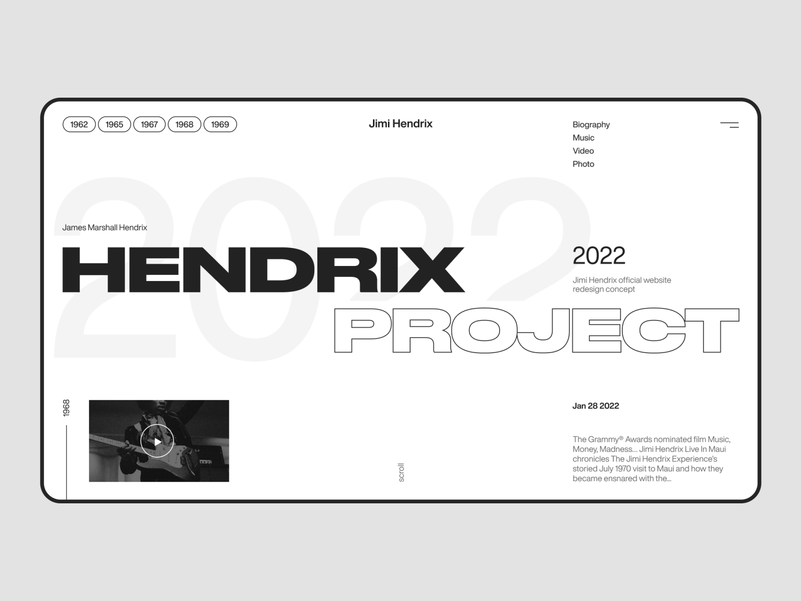 Hendrix Project concept design graphic design helvetica jimi hendrix minimal music music site rock rockband rockband site ui ux uxui web