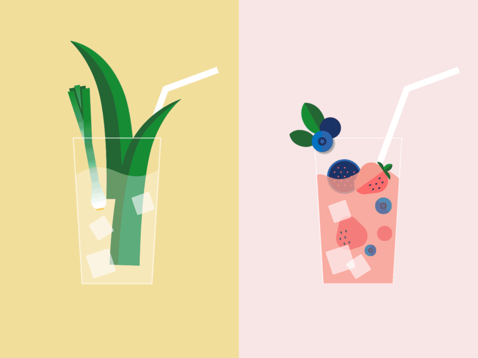 Summer Drinks animation berry cranberry drink flat fruit glass illustration juice lemon lemonade lime motion pink soda summer vegan water web yellow