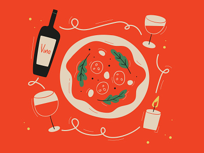 Illustration for a neapolitan pizzeria "Master and Margarita" bar candle cheese colors eat flat illustration pepperoni pizza restaurant salad vector web wine wineglass
