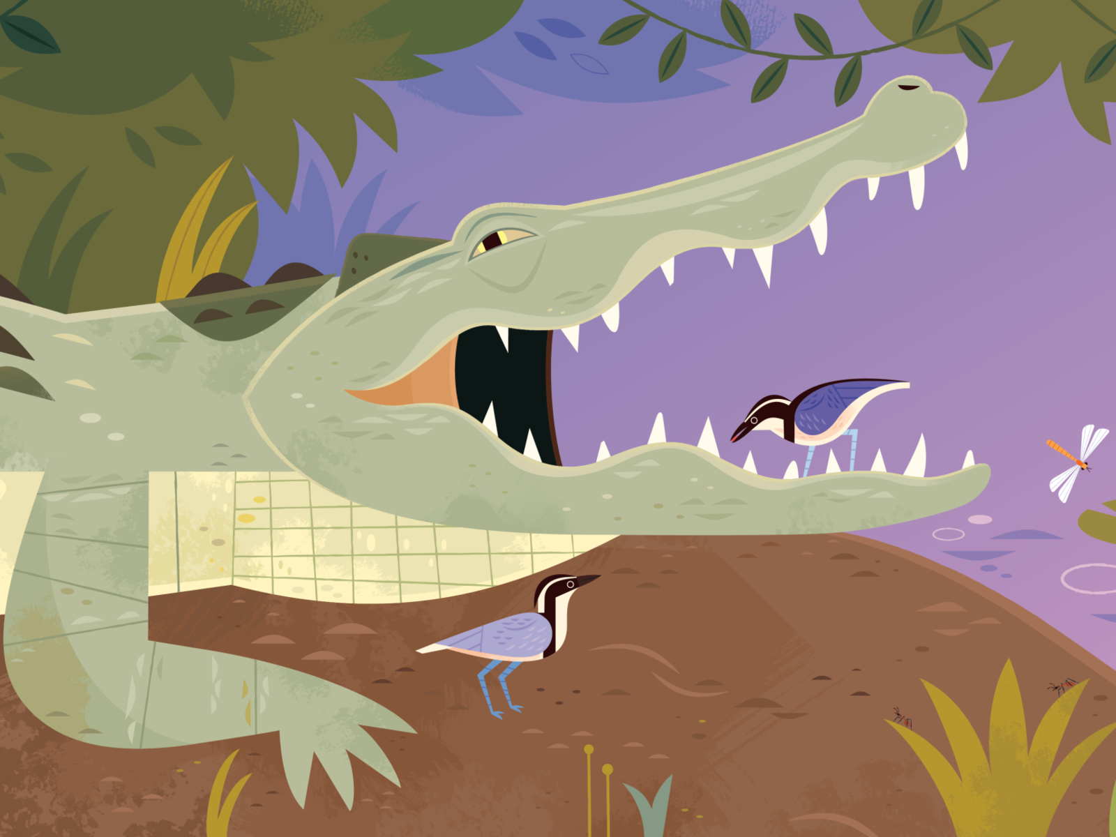 Just You and Me: Crocodile and Plovers animal characters animals character design illustration kid lit art nature vector illustration wildlife