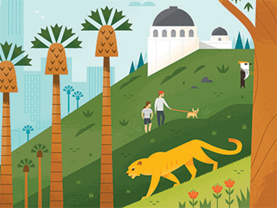 Los Angeles Mural: Hollywood Hills animals mountain lion vacation illustration california hikers hiking los angeles
