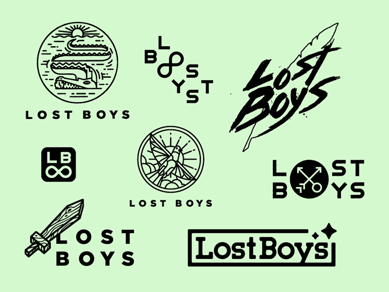 Lost Boys Logo Exploration branding crocodile dove geometric icon lettering logo lost boys mark pastel peter pan phoenix