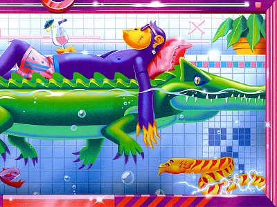 Get Comfortable with Being Uncomfortable 90s aligator chimp color editorial eel illustration intercom neon piranha pool sea life