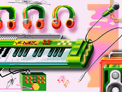 Get Better, Faster editorial headphones illustration keyboard music neon piano pixel pixel art polygon speaker splice