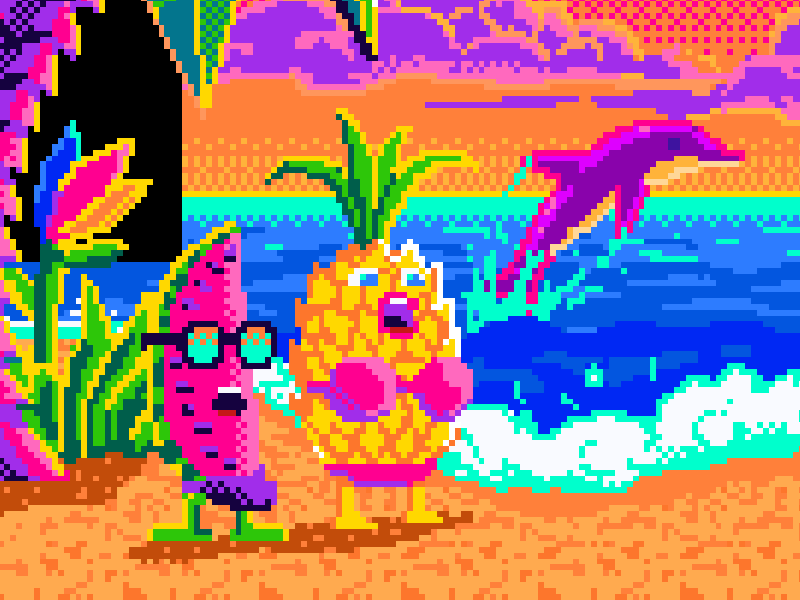 Trouble in Paradise 16 bit 8 bit andy gregg dolphin fruit game design illustration pixel pixel art studio super tropical video game